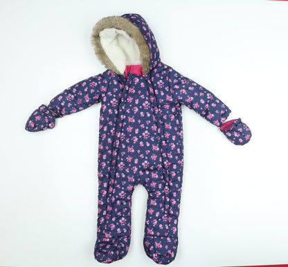 F&F Girls Blue Floral Hooded Winter Snowsuit 9-12 Months Faux Fur Trim