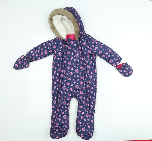 F&F Girls Blue Floral Hooded Winter Snowsuit 9-12 Months Faux Fur Trim