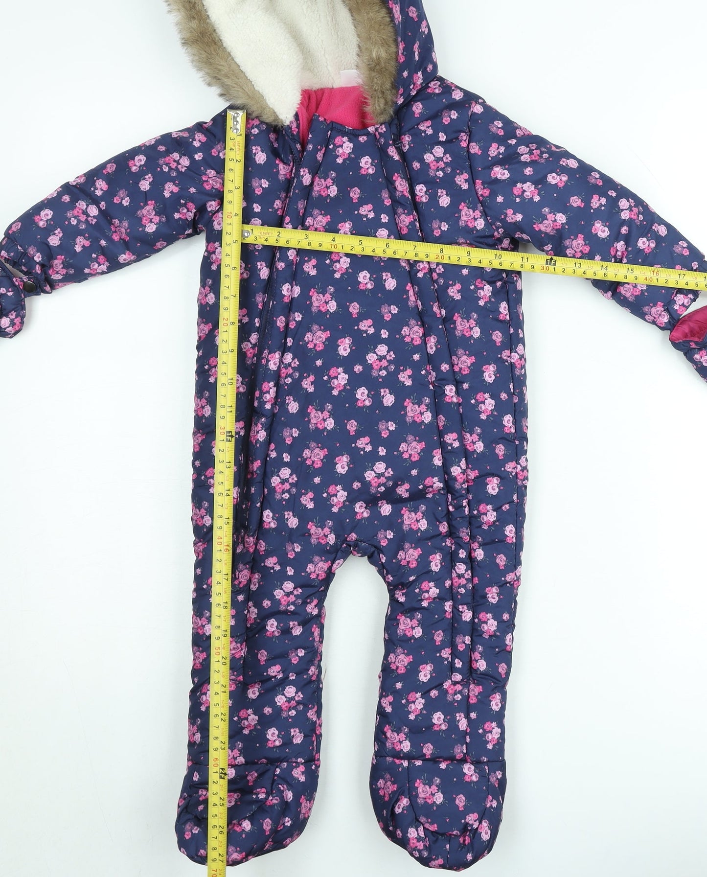 F&F Girls Blue Floral Hooded Winter Snowsuit 9-12 Months Faux Fur Trim