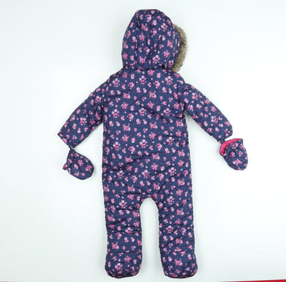F&F Girls Blue Floral Hooded Winter Snowsuit 9-12 Months Faux Fur Trim