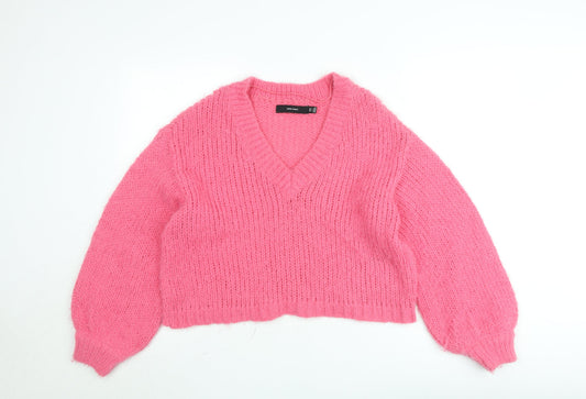 Vero Moda Women Pink Chunky Knit V-Neck Pullover Jumper Size M