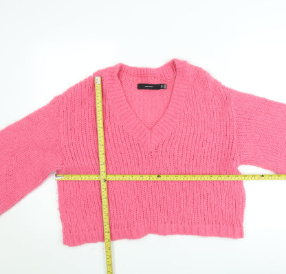 Vero Moda Women Pink Chunky Knit V-Neck Pullover Jumper Size M