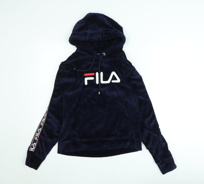 Fila Womens Navy Blue Velour Pullover Hoodie UK 10 Logo Sleeve Detail