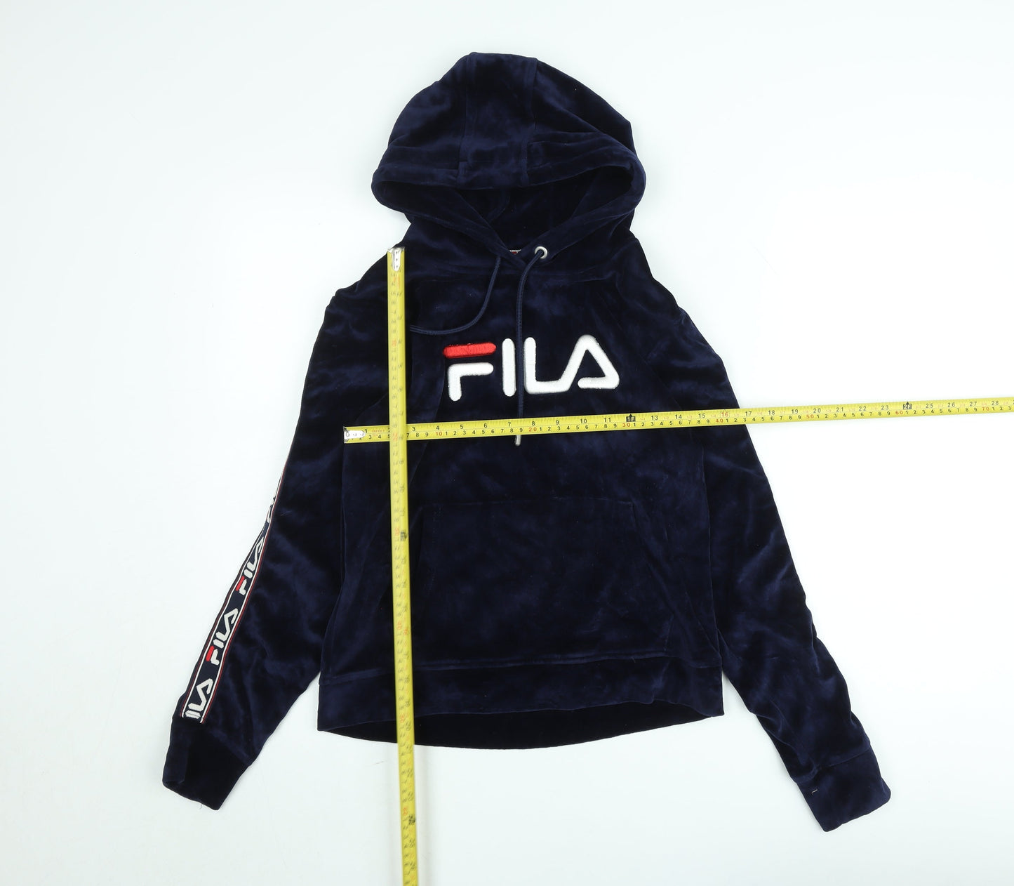 Fila Womens Navy Blue Velour Pullover Hoodie UK 10 Logo Sleeve Detail
