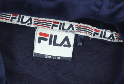 Fila Womens Navy Blue Velour Pullover Hoodie UK 10 Logo Sleeve Detail