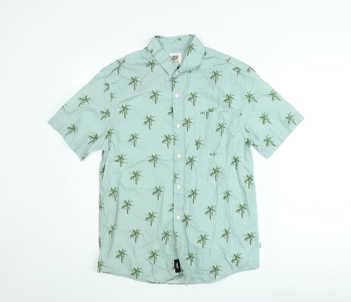 America Today Men's Green Palm Print Short Sleeve Button-Up Shirt Medium