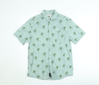America Today Men's Green Palm Print Short Sleeve Button-Up Shirt Medium