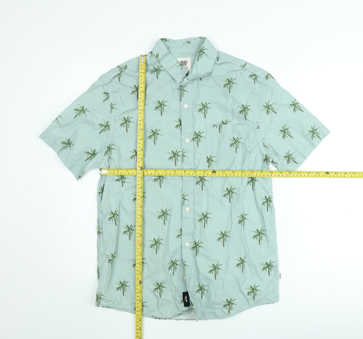 America Today Men's Green Palm Print Short Sleeve Button-Up Shirt Medium