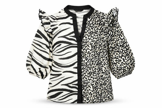 Kaleidoscope Women Black Animal Print Ruffle 3/4 Sleeve Blouse Size 10