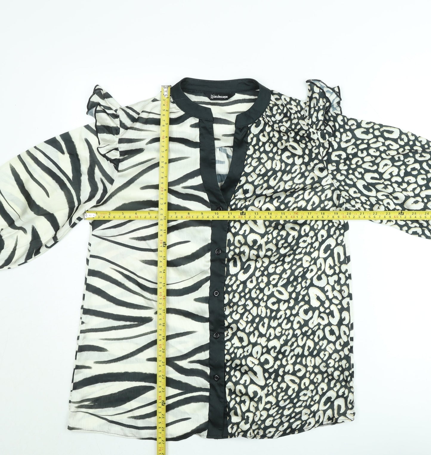 Kaleidoscope Women Black Animal Print Ruffle 3/4 Sleeve Blouse Size 10