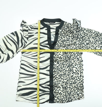Kaleidoscope Women Black Animal Print Ruffle 3/4 Sleeve Blouse Size 10