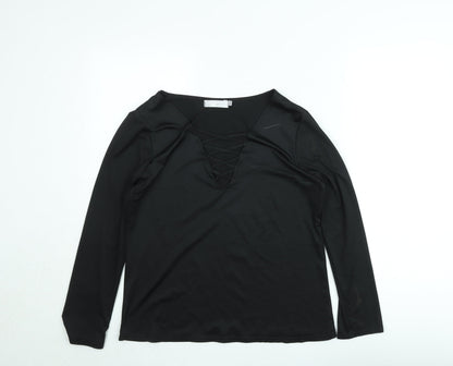 Nuoxi Women's Black Long Sleeve V-Neck Lace Up Blouse Size M