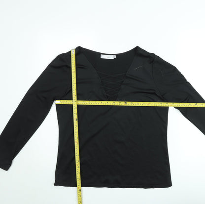 Nuoxi Women's Black Long Sleeve V-Neck Lace Up Blouse Size M