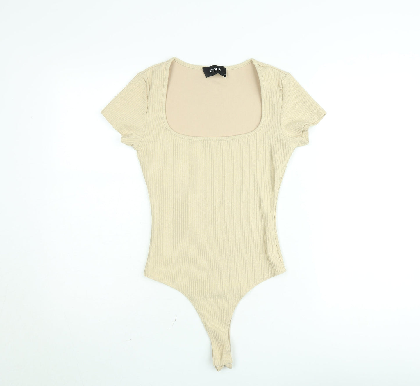 Cider Women’s Beige Ribbed Short Sleeve Square Neck Bodysuit Size S
