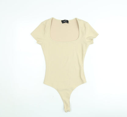 Cider Women’s Beige Ribbed Short Sleeve Square Neck Bodysuit Size S