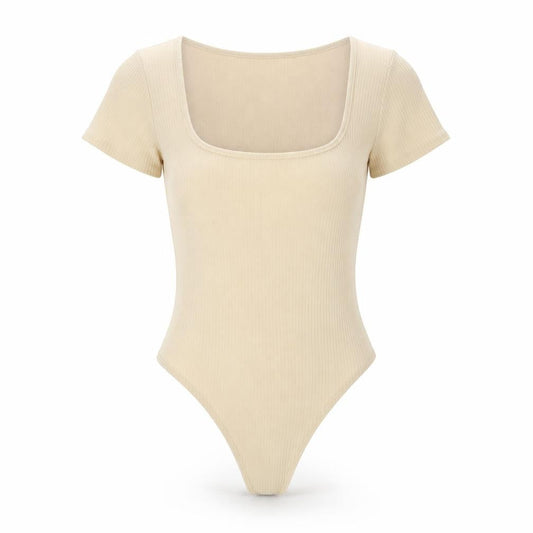 Cider Women’s Beige Ribbed Short Sleeve Square Neck Bodysuit Size S