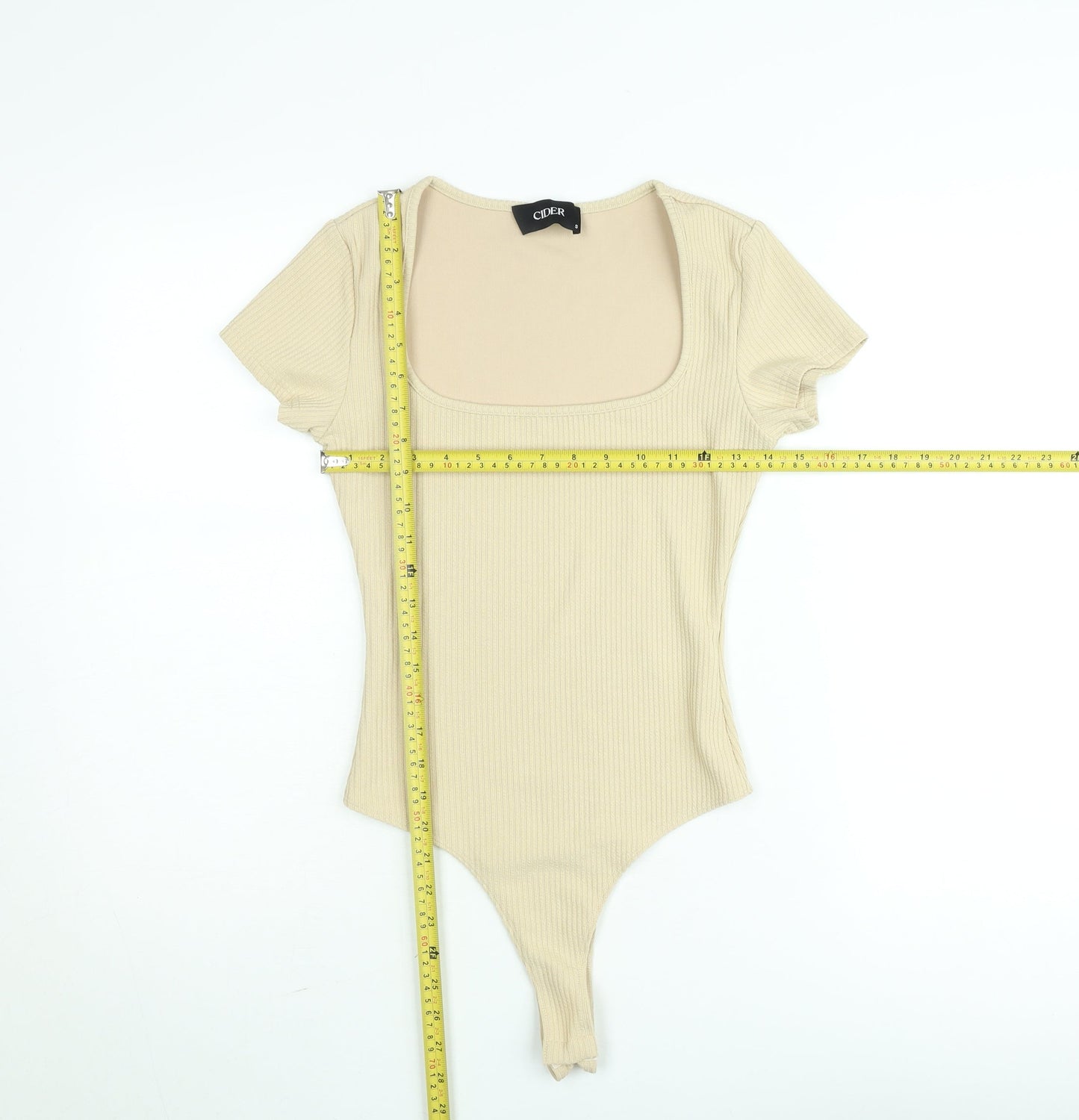 Cider Women’s Beige Ribbed Short Sleeve Square Neck Bodysuit Size S