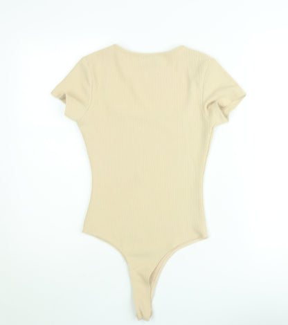 Cider Women’s Beige Ribbed Short Sleeve Square Neck Bodysuit Size S