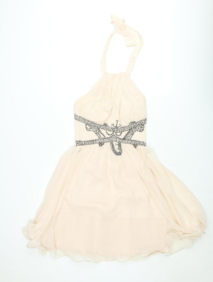 Little Mistress Womens Beige Halter Short A-Line Beaded Dress Size 12