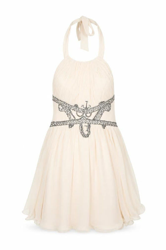 Little Mistress Womens Beige Halter Short A-Line Beaded Dress Size 12