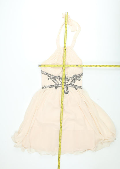 Little Mistress Womens Beige Halter Short A-Line Beaded Dress Size 12