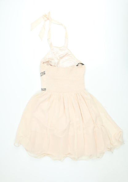 Little Mistress Womens Beige Halter Short A-Line Beaded Dress Size 12