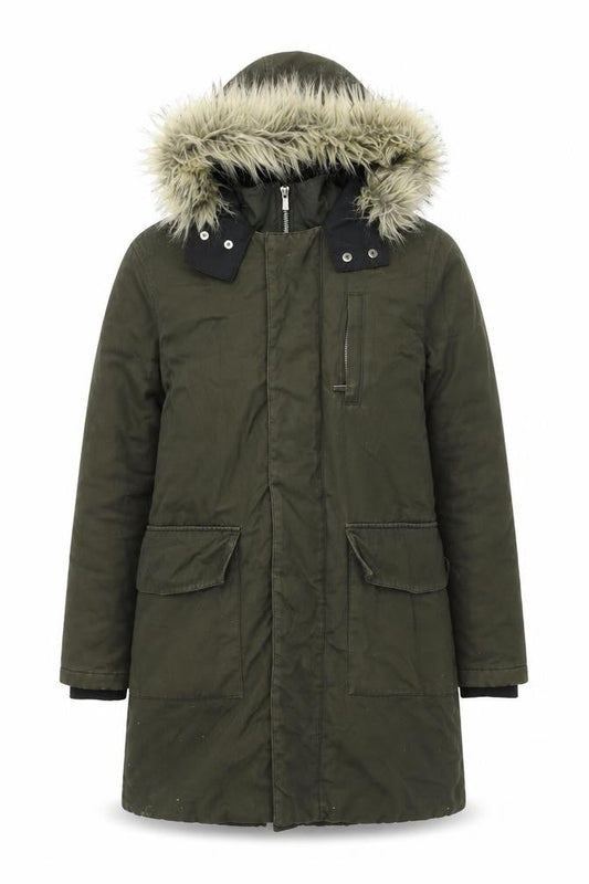 River Island Womens Green Parka Coat XS Hooded Fur Trim Winter Jacket