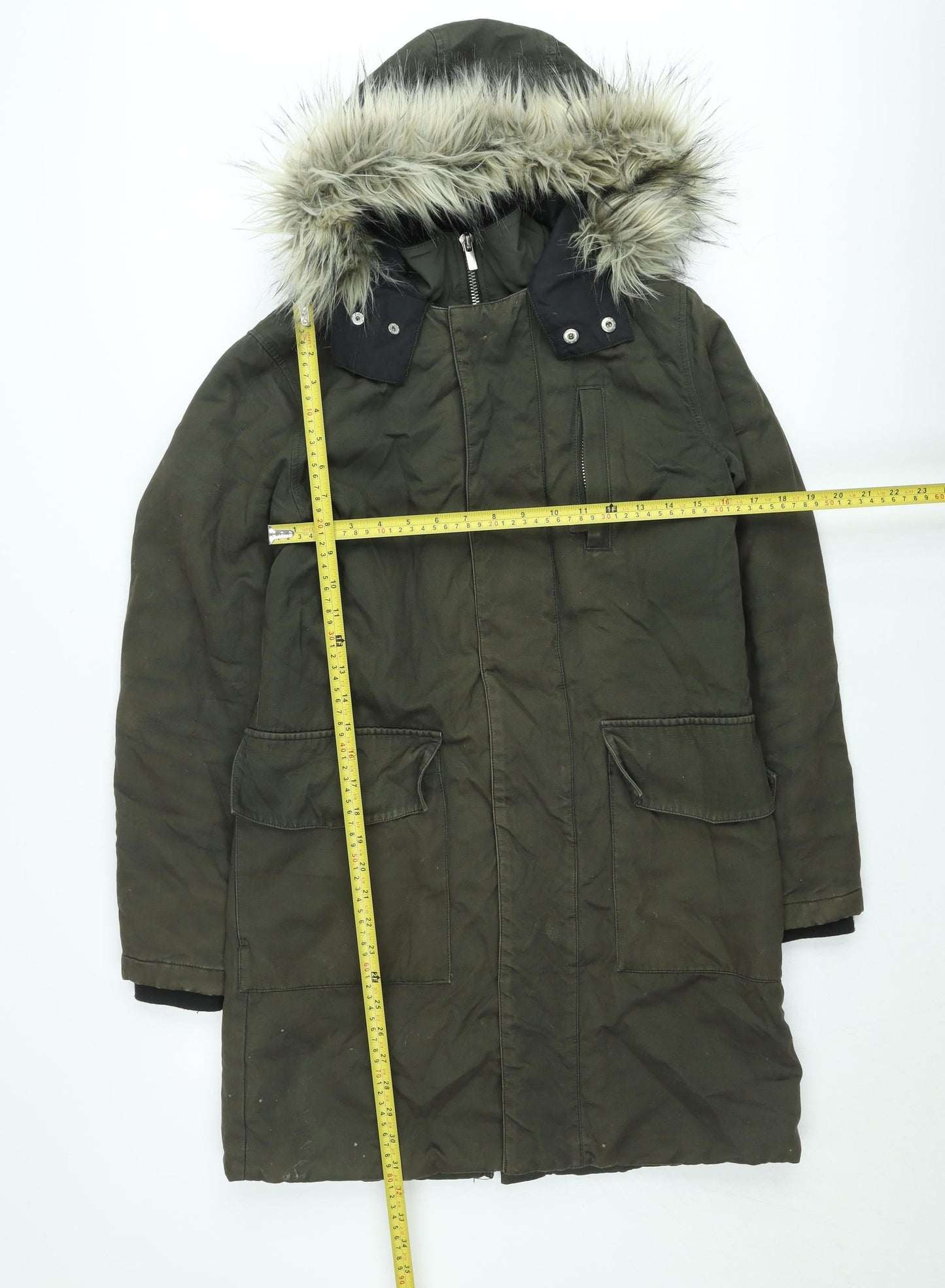 River Island Womens Green Parka Coat XS Hooded Fur Trim Winter Jacket