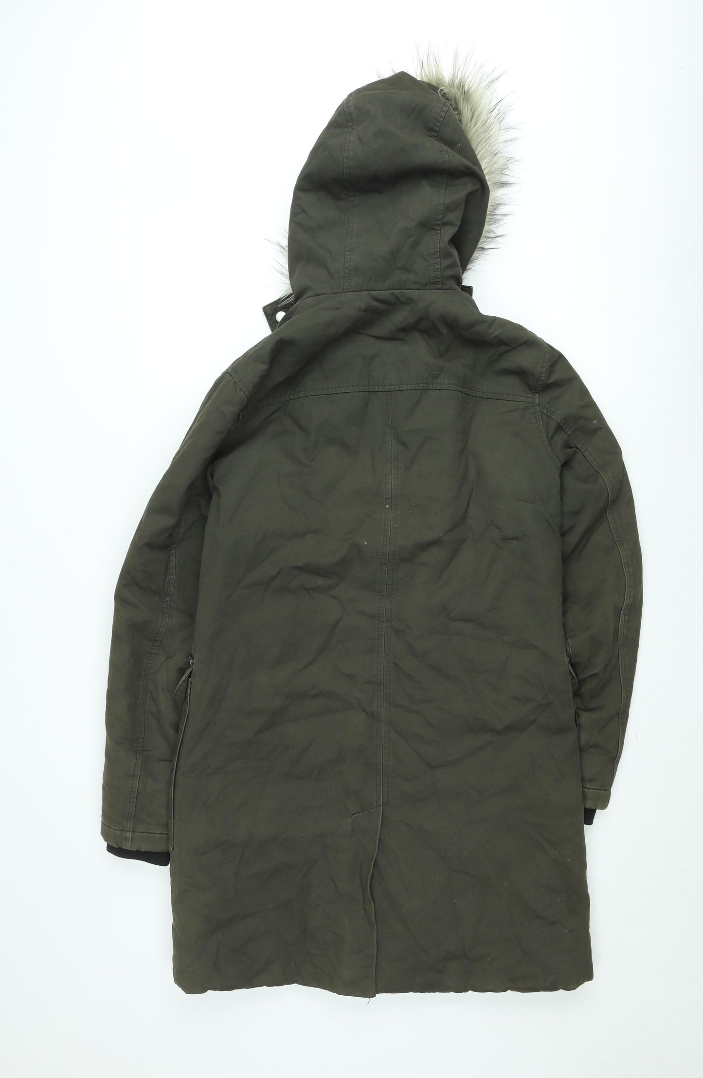 River Island Womens Green Parka Coat XS Hooded Fur Trim Winter Jacket