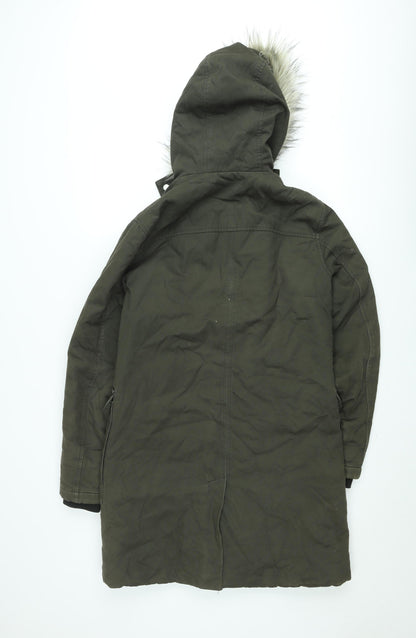 River Island Womens Green Parka Coat XS Hooded Fur Trim Winter Jacket