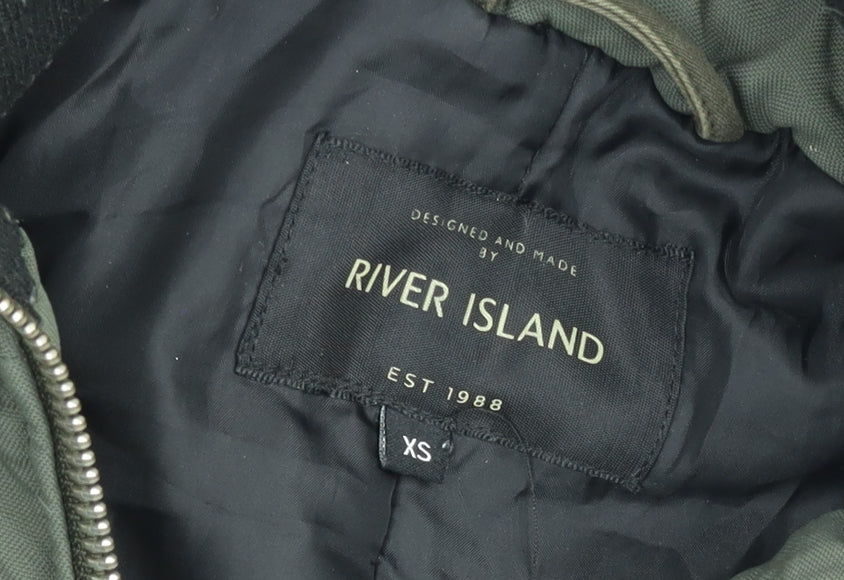 River Island Womens Green Parka Coat XS Hooded Fur Trim Winter Jacket