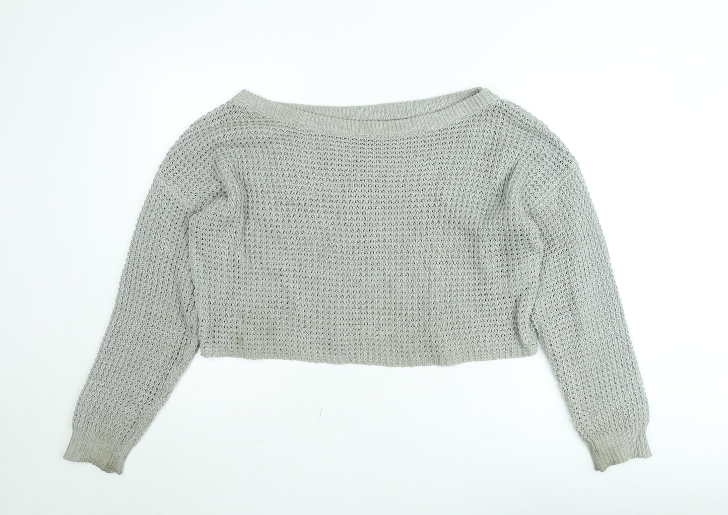 Missguided Women’s Grey Open-Knit Boat Neck Pullover Jumper Size 10/12