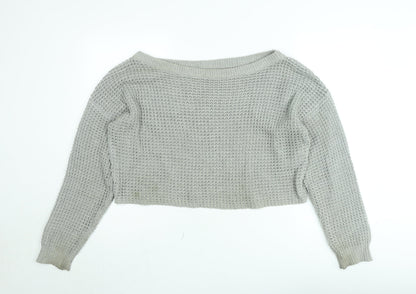 Missguided Women’s Grey Open-Knit Boat Neck Pullover Jumper Size 10/12