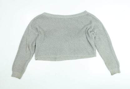 Missguided Women’s Grey Open-Knit Boat Neck Pullover Jumper Size 10/12