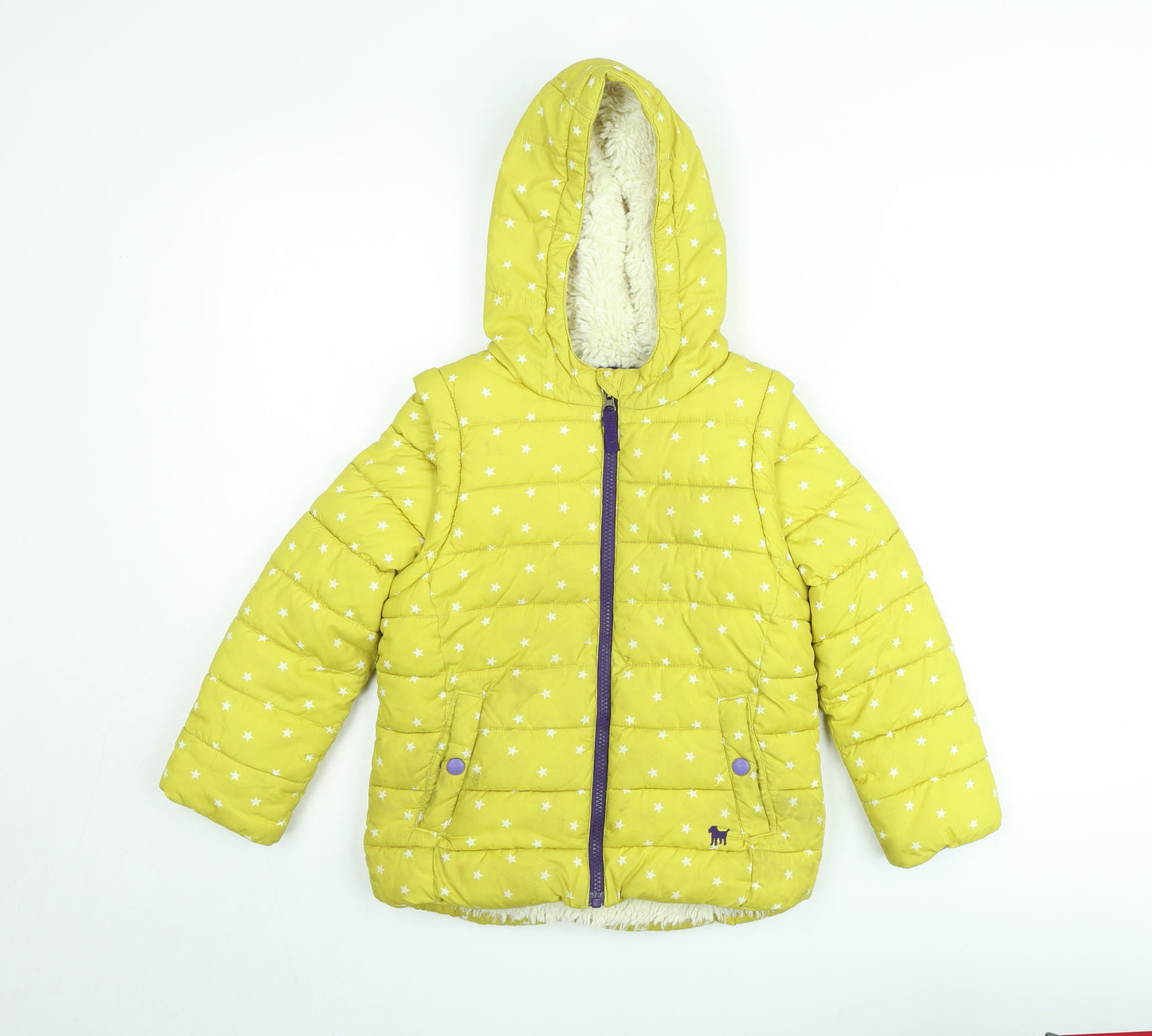 Joules Girls Yellow Star Print Hooded Puffer Jacket 6-7 Years Lined Winter Coat