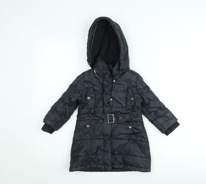 DKNY Girls Black Belted Hooded Long Puffer Coat Size 2 Years Winter Jacket