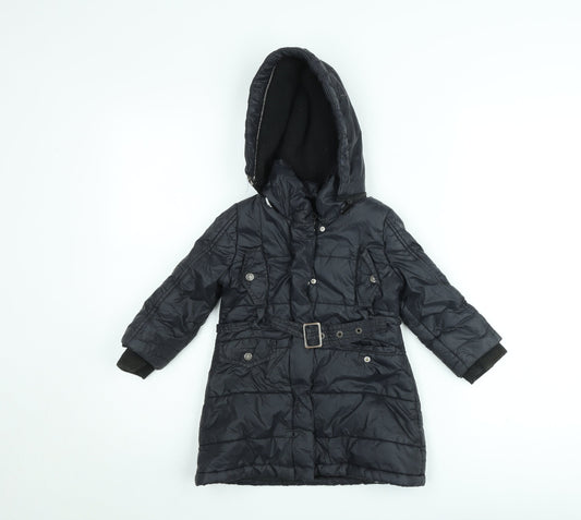 DKNY Girls Black Belted Hooded Long Puffer Coat Size 2 Years Winter Jacket