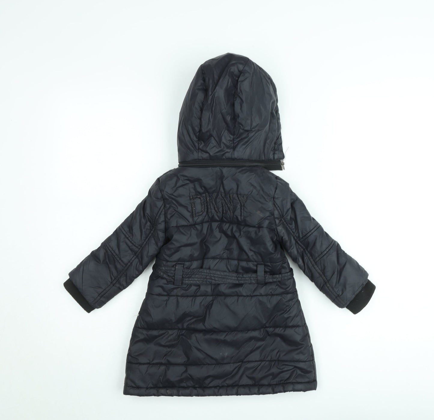 DKNY Girls Black Belted Hooded Long Puffer Coat Size 2 Years Winter Jacket