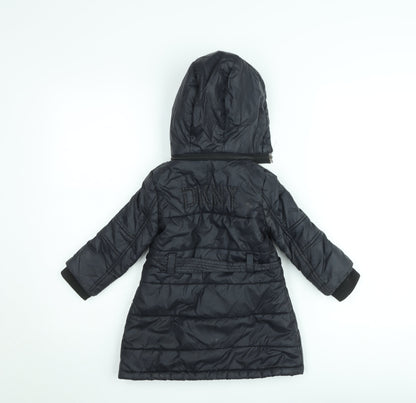 DKNY Girls Black Belted Hooded Long Puffer Coat Size 2 Years Winter Jacket