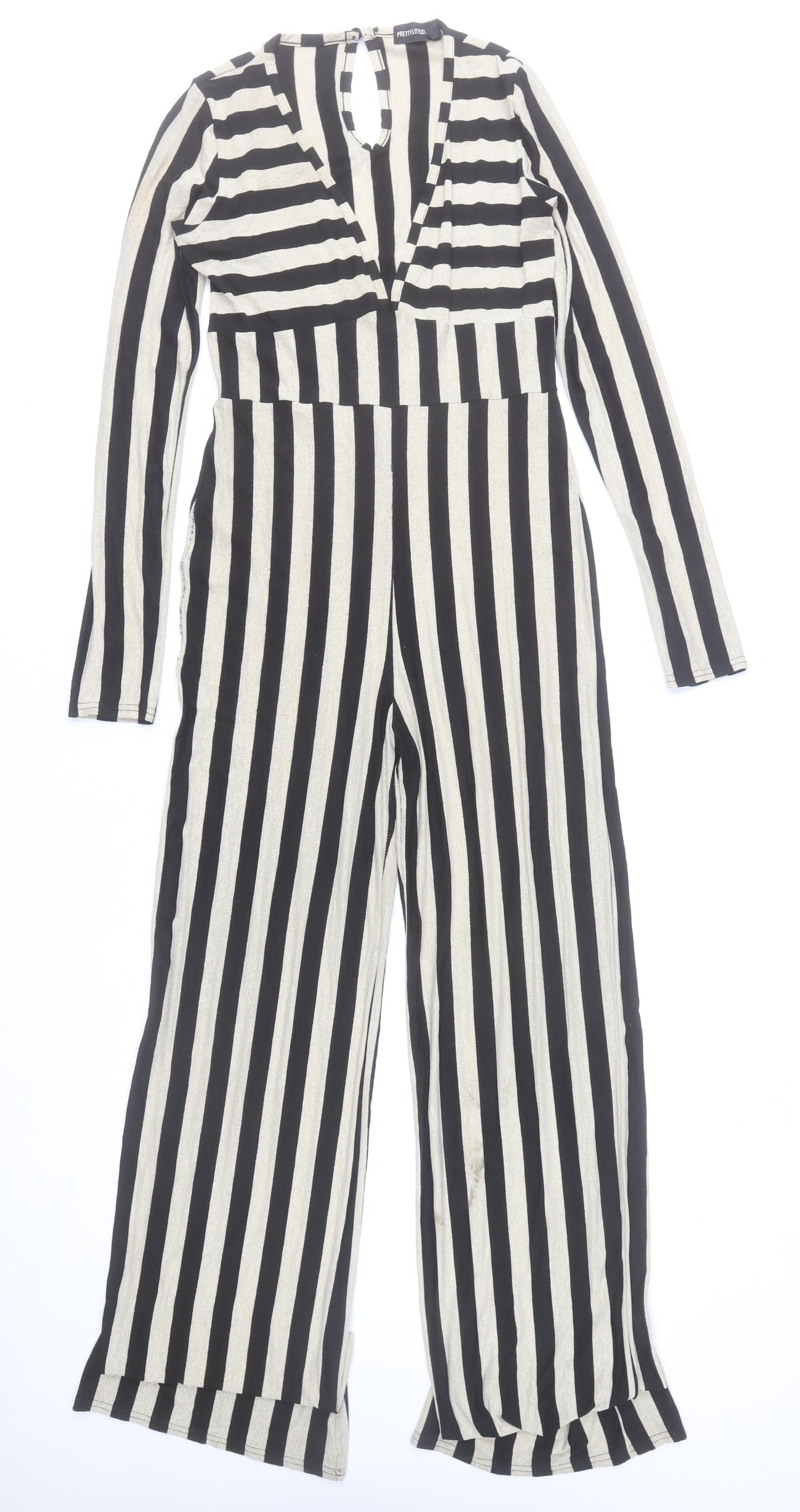 PrettyLittleThing Women’s Black & Beige Striped Long Sleeve Jumpsuit UK 14