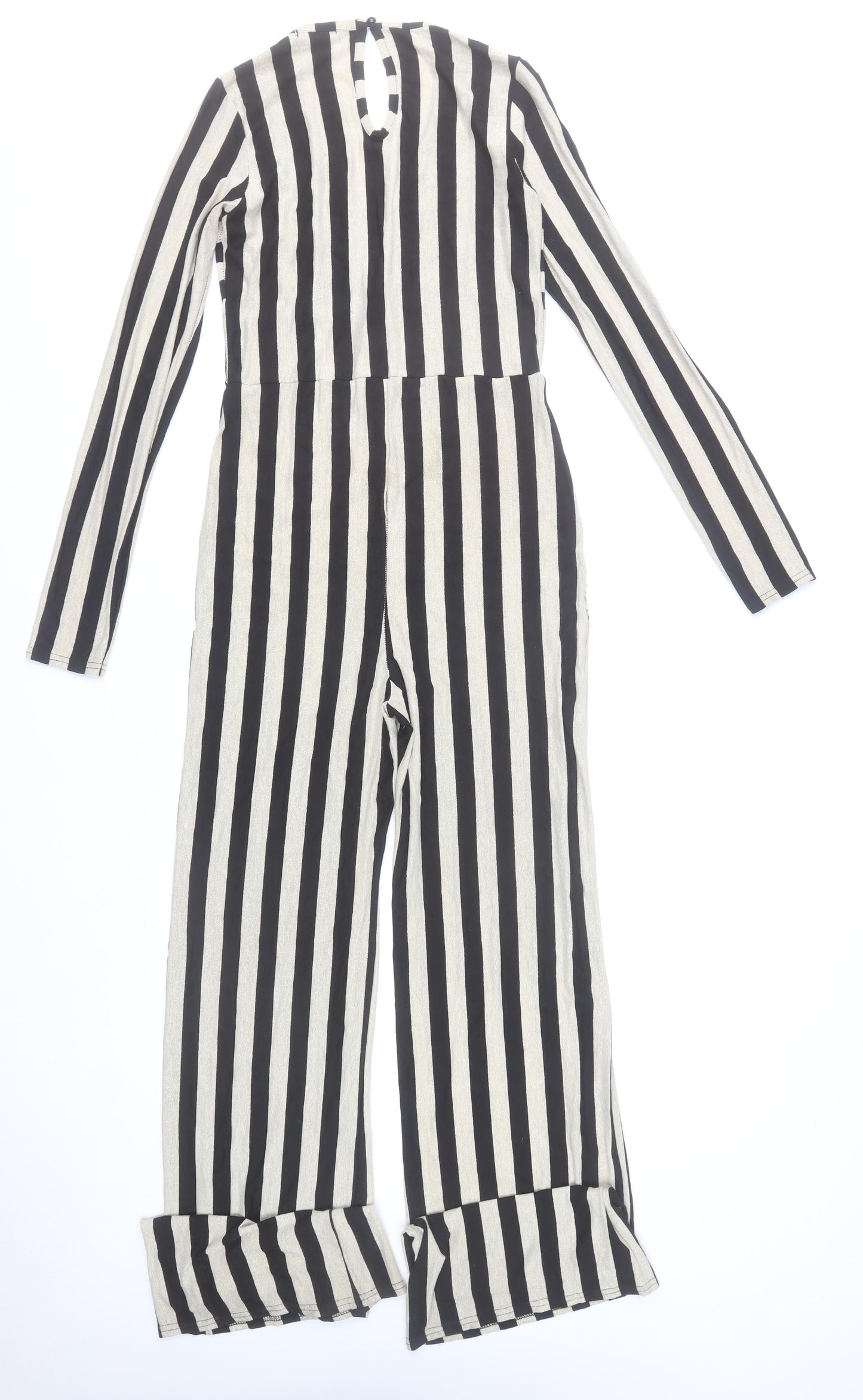 PrettyLittleThing Women’s Black & Beige Striped Long Sleeve Jumpsuit UK 14