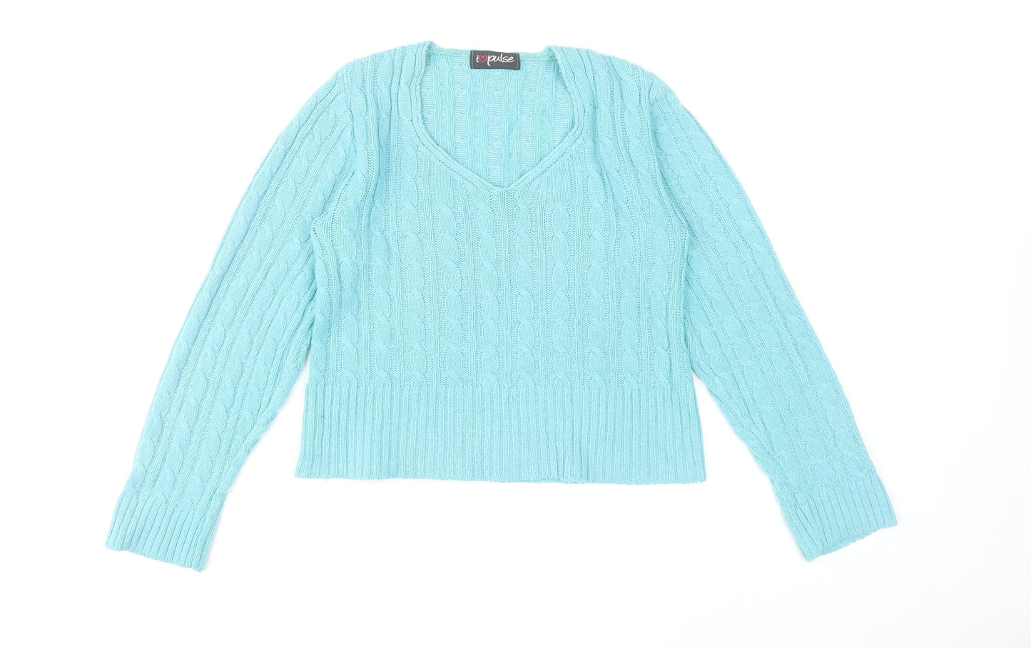 I Love Pulse Womens Blue Cable Knit V-Neck Pullover Jumper Size 4