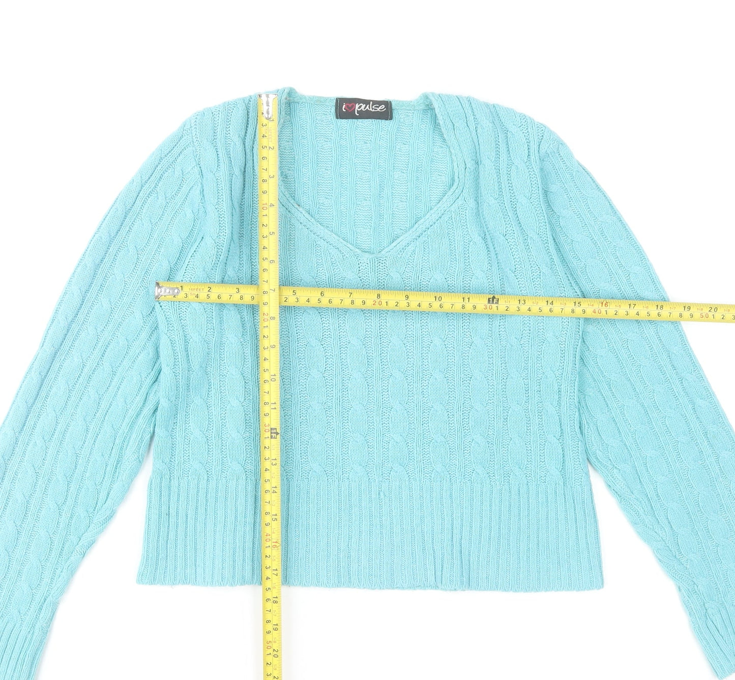 I Love Pulse Womens Blue Cable Knit V-Neck Pullover Jumper Size 4