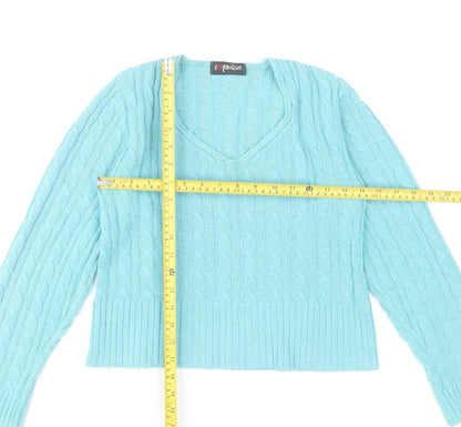 I Love Pulse Womens Blue Cable Knit V-Neck Pullover Jumper Size 4