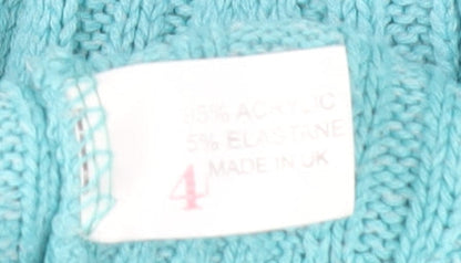 I Love Pulse Womens Blue Cable Knit V-Neck Pullover Jumper Size 4