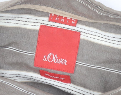 s.Oliver Men's Brown Striped Short Sleeve Button-Up Shirt L Regular Fit