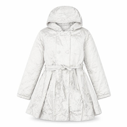 Front view of Barbara Farber girls’ grey belted hooded trench coat 8 years