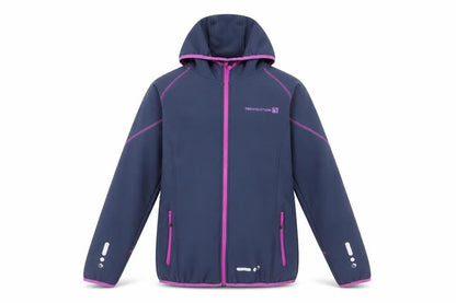 Front view of Trevoultion girls’ blue softshell hooded jacket 15-16 years full zip