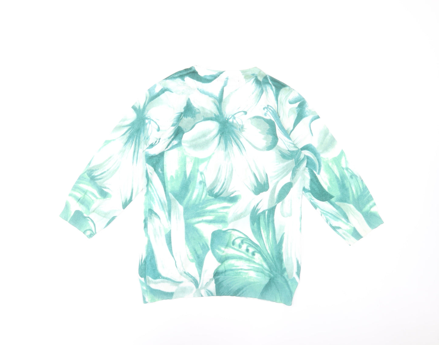 Mudflower Women's Green Floral Rhinestone Knit Jumper S 3/4 Sleeve Pullover
