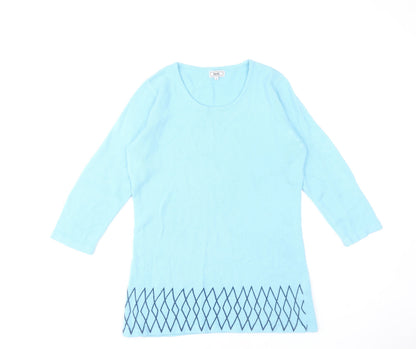 Text. Women’s Blue Scoop Neck 3/4 Sleeve Pullover Jumper Size S